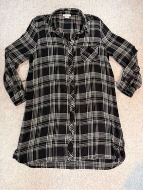 BLL NYC Black White Plaid Shirt Dress XL Rayon Roll Tab Sleeve Button Front